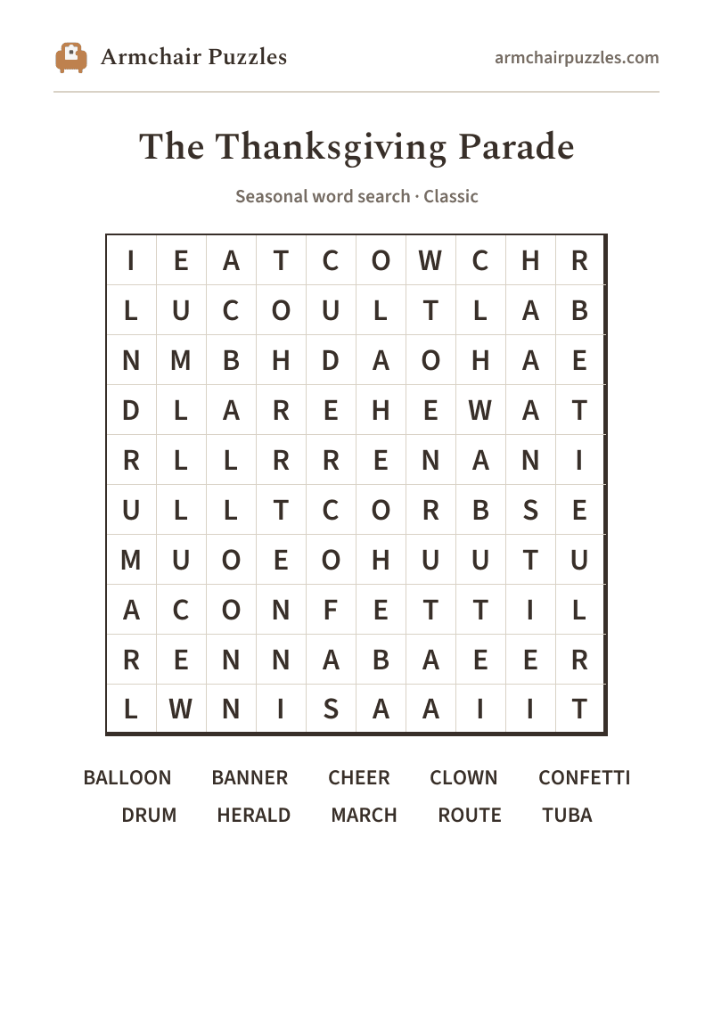 The printable The Thanksgiving Parade word search sheet