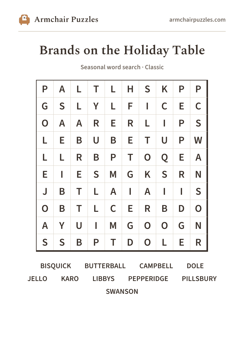 The printable Brands on the Holiday Table word search sheet: large-print Classic grid with its word list