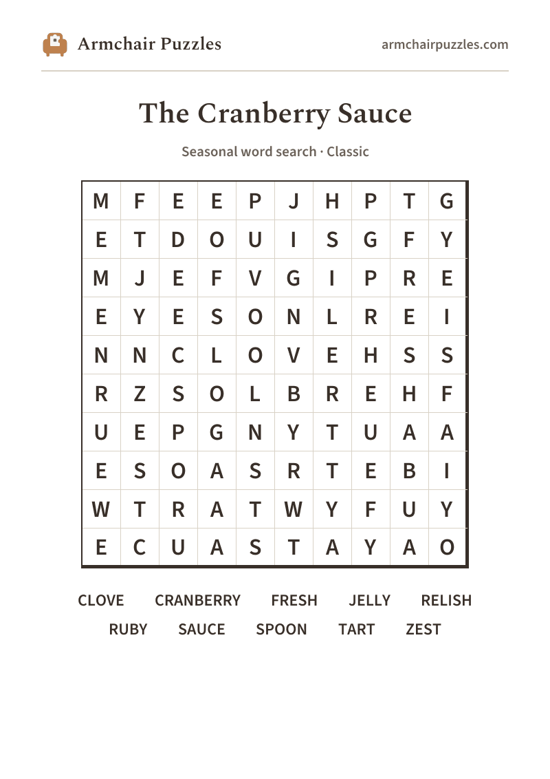 The printable The Cranberry Sauce word search sheet