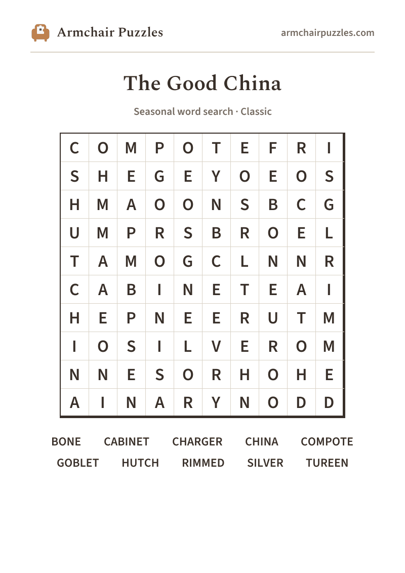The printable The Good China word search sheet: large-print Classic grid with its word list