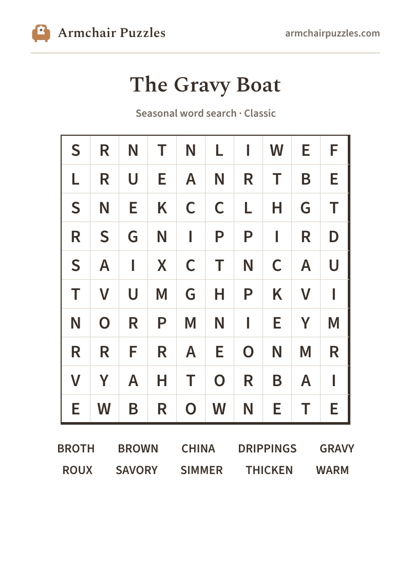 The printable The Gravy Boat word search sheet in large print