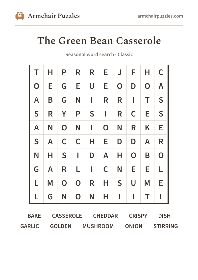 The printable The Green Bean Casserole word search sheet in large print