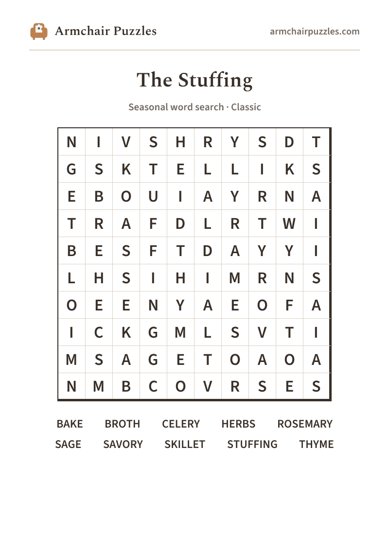 The printable The Stuffing word search sheet