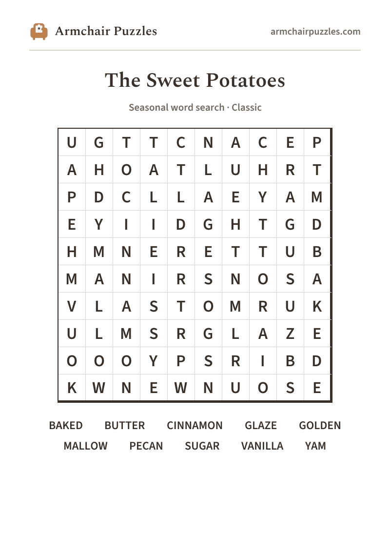 The printable The Sweet Potatoes word search sheet in large print