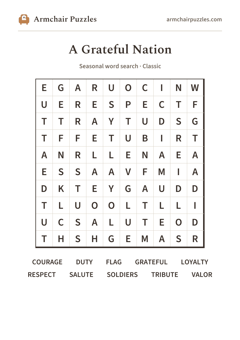 The printable A Grateful Nation word search sheet in large print