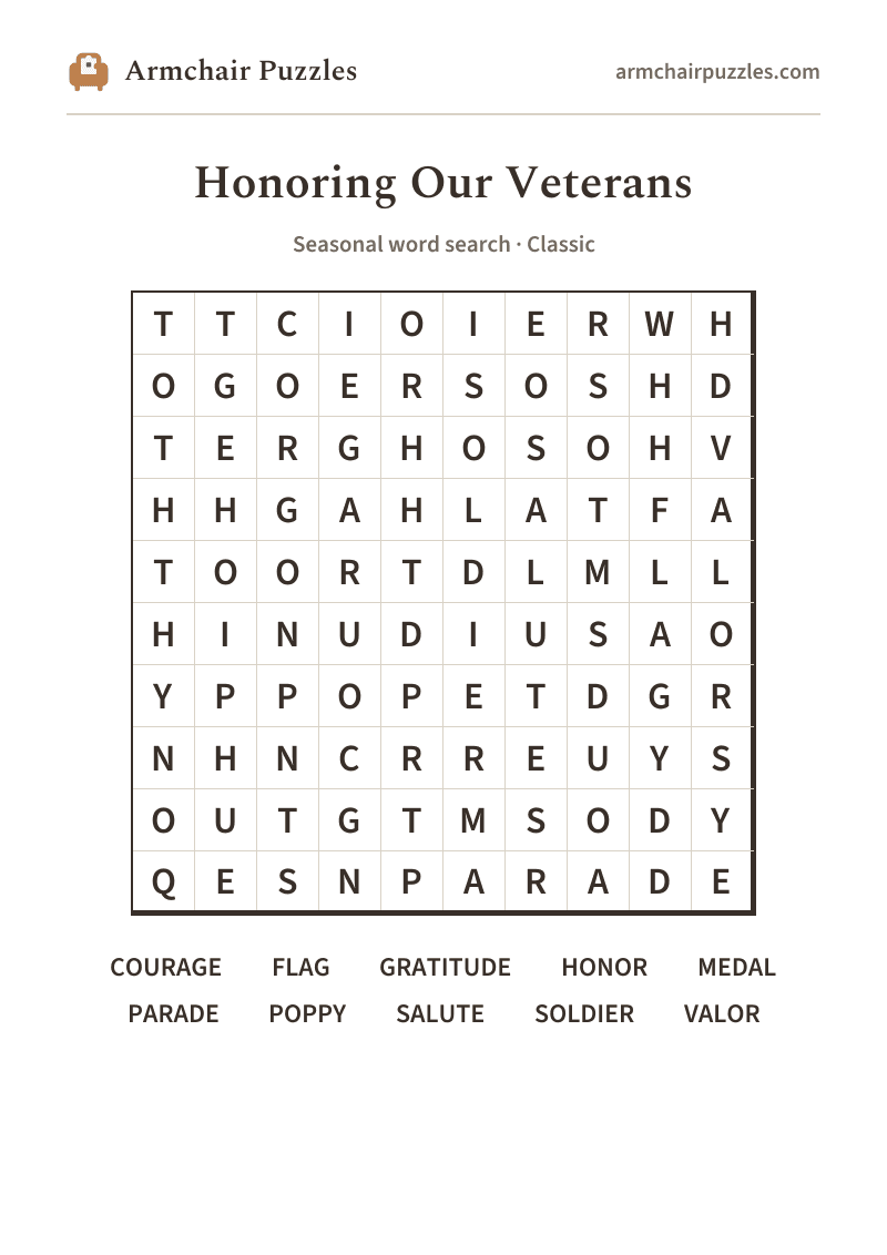 The printable Honoring Our Veterans word search sheet