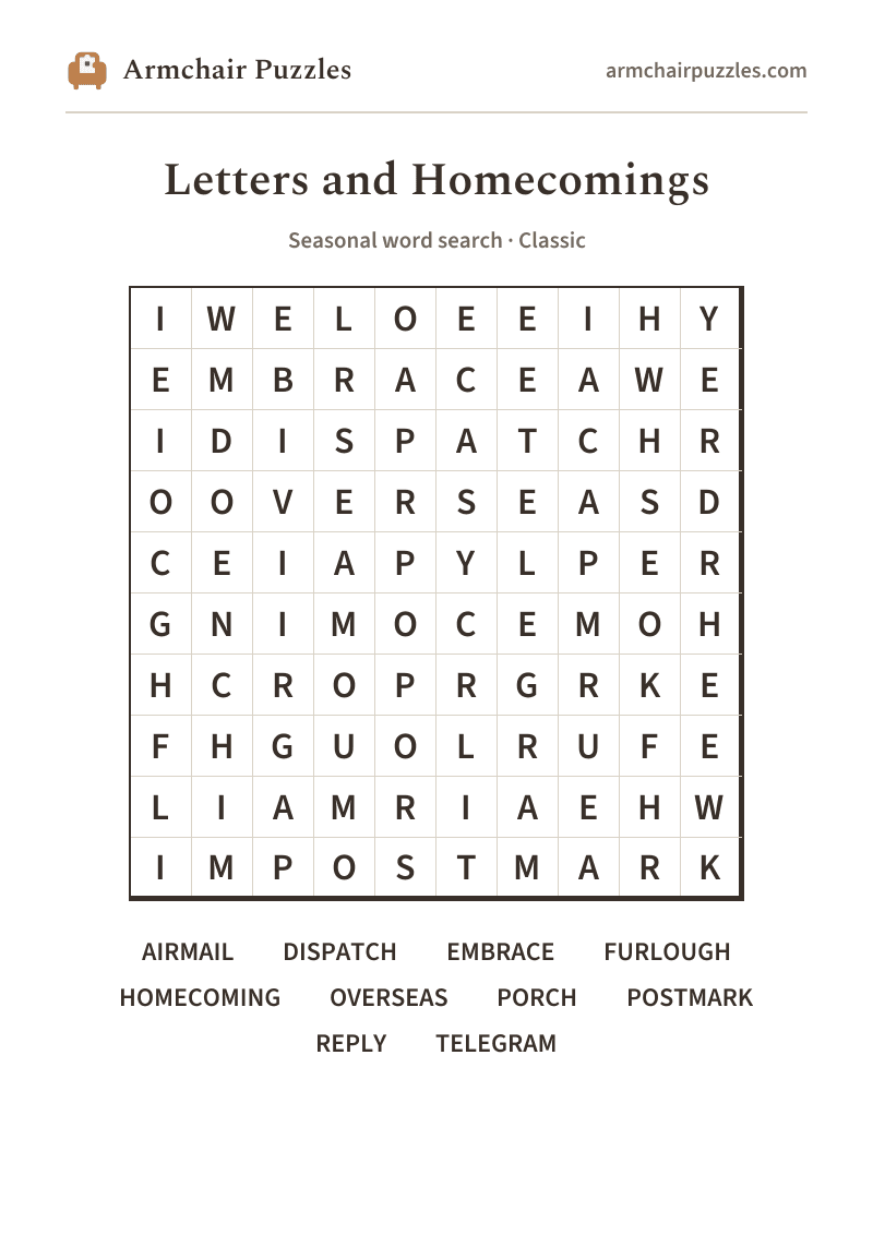 The printable Letters and Homecomings word search sheet: large-print Classic grid with its word list