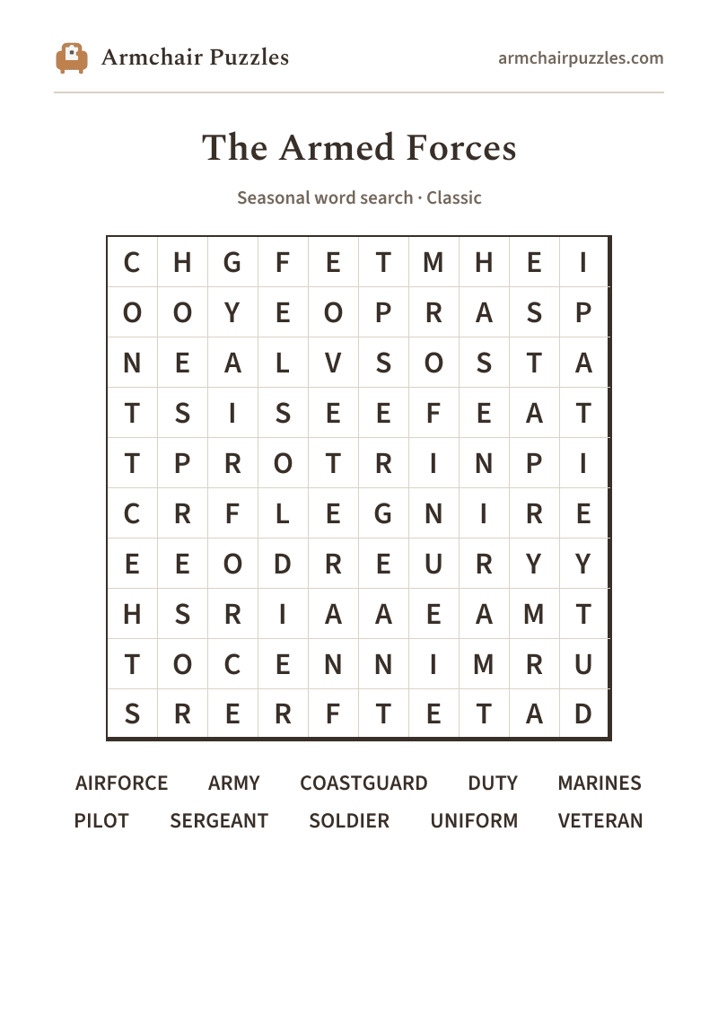 The printable The Armed Forces word search sheet: large-print Classic grid with its word list