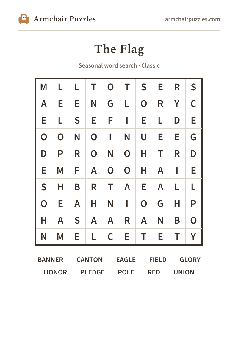 The printable The Flag word search sheet: large-print Classic grid with its word list