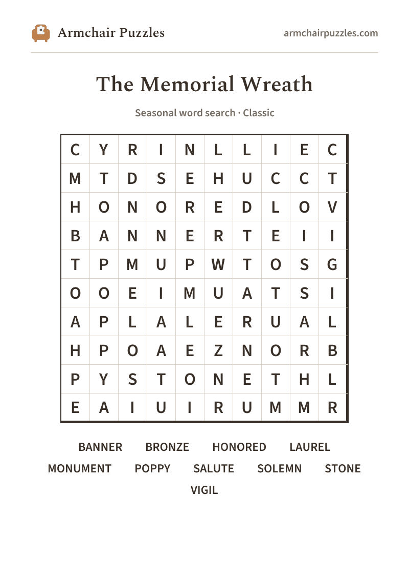 The printable The Memorial Wreath word search sheet: large-print Classic grid with its word list