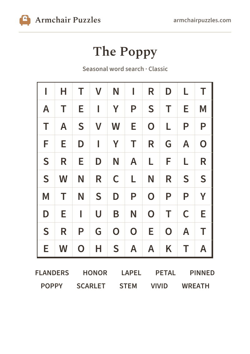 The printable The Poppy word search sheet