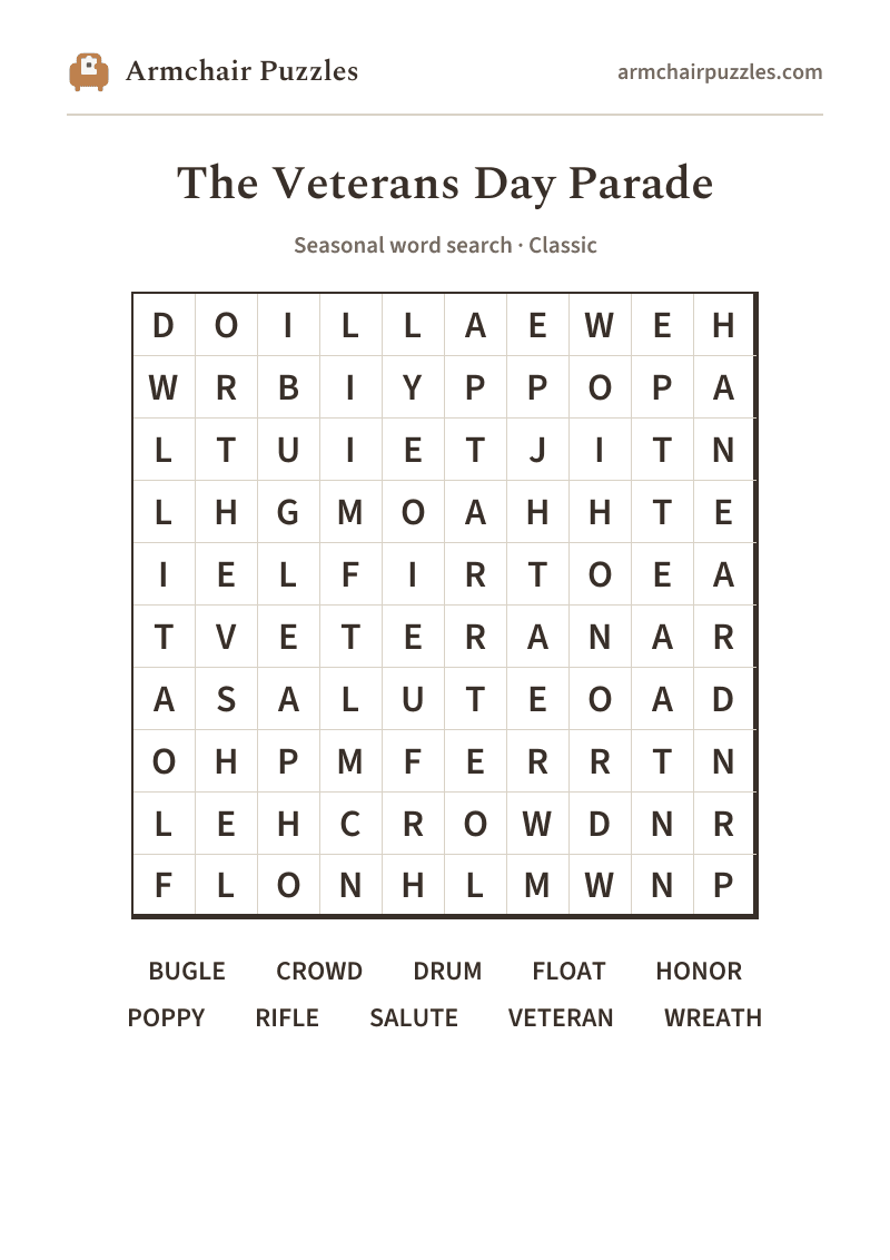 The printable The Veterans Day Parade word search sheet: large-print Classic grid with its word list