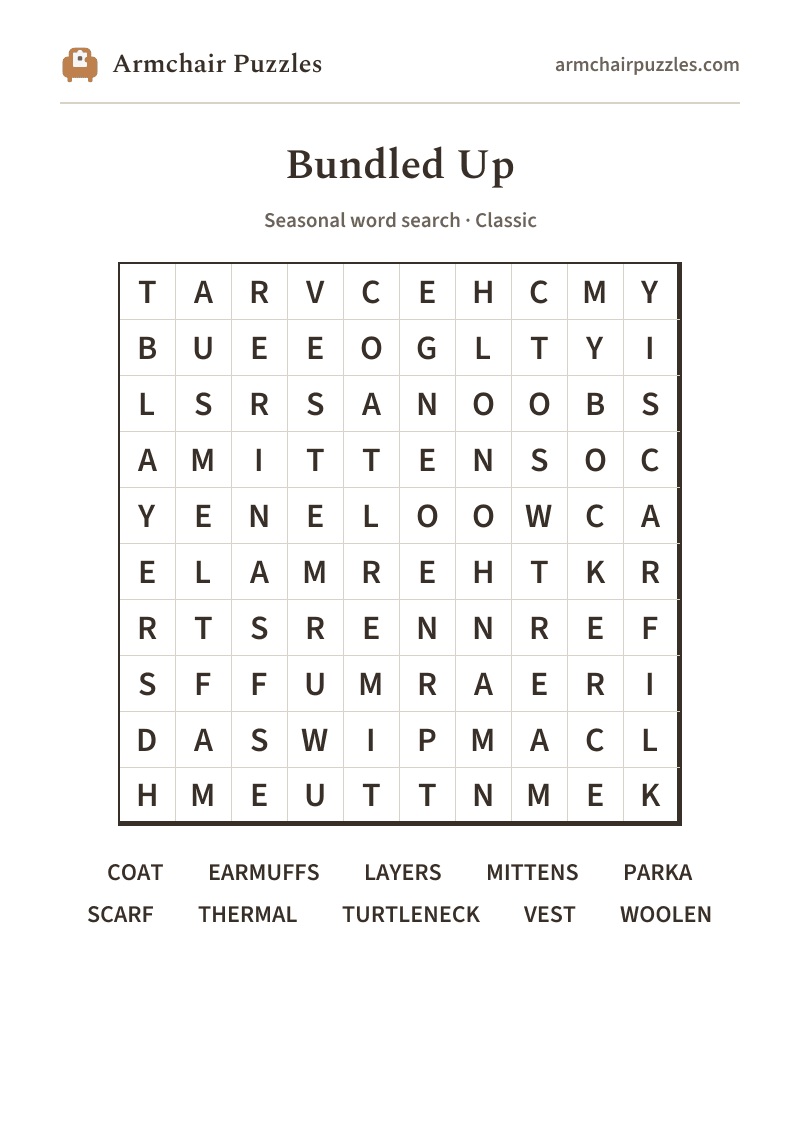 The printable Bundled Up word search sheet