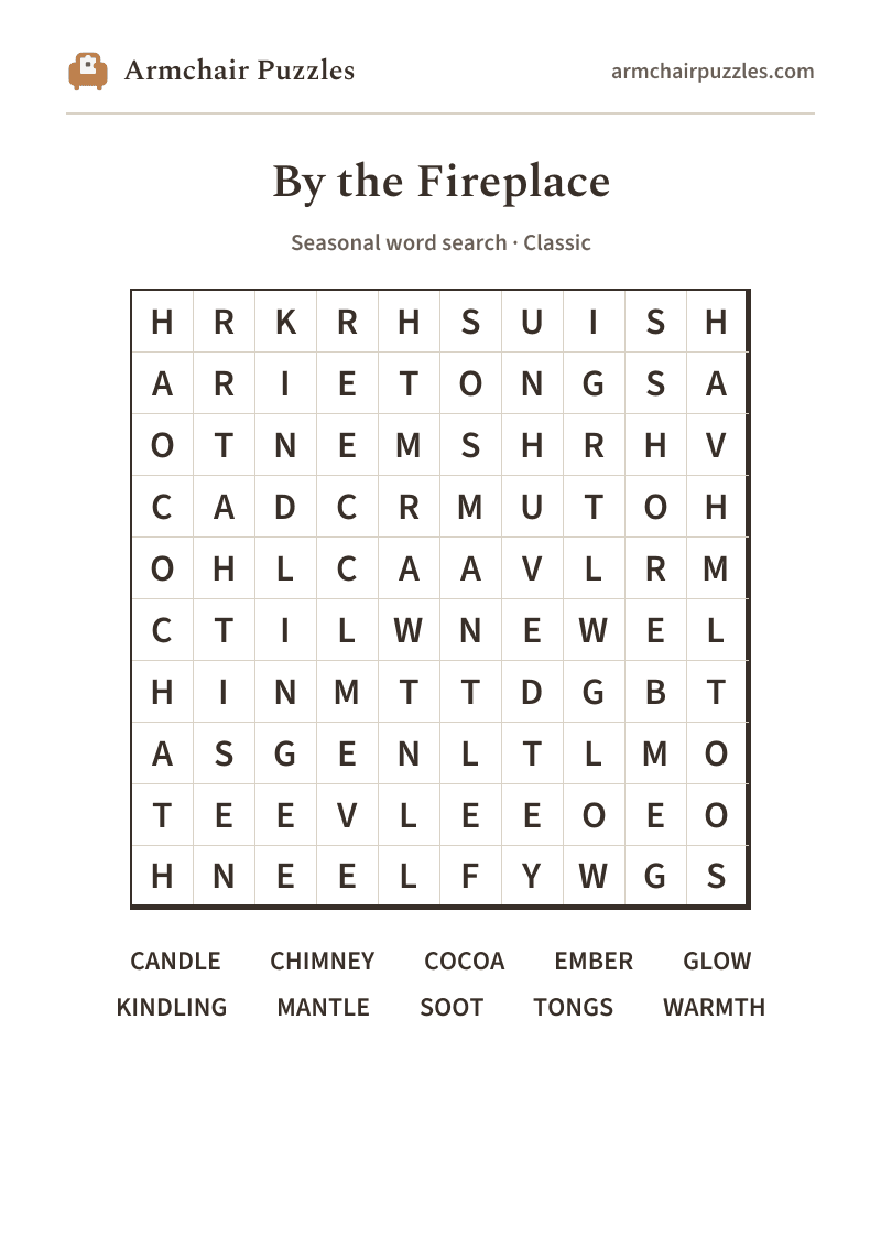 The printable By the Fireplace word search sheet in large print