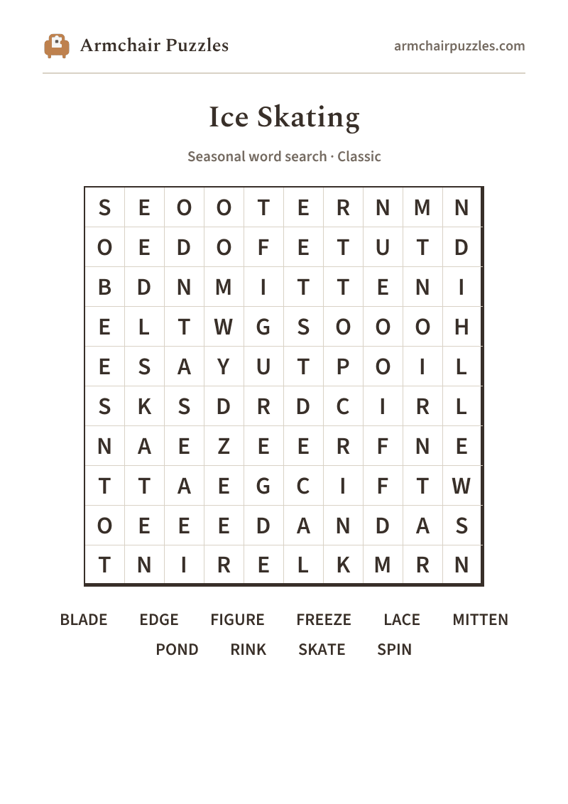 The printable Ice Skating word search sheet
