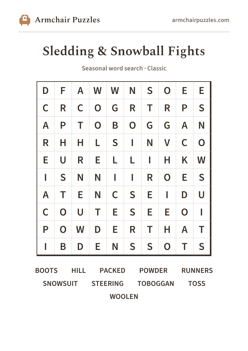 The printable Sledding & Snowball Fights word search sheet