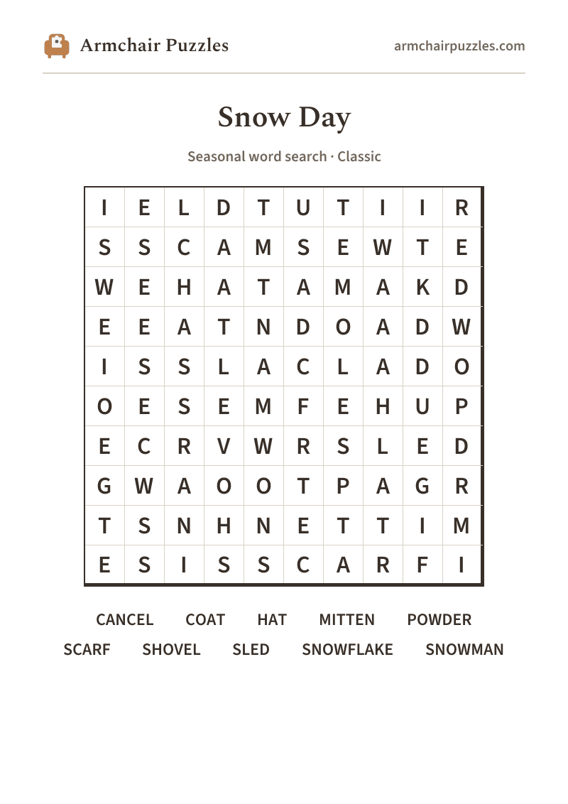 The printable Snow Day word search sheet