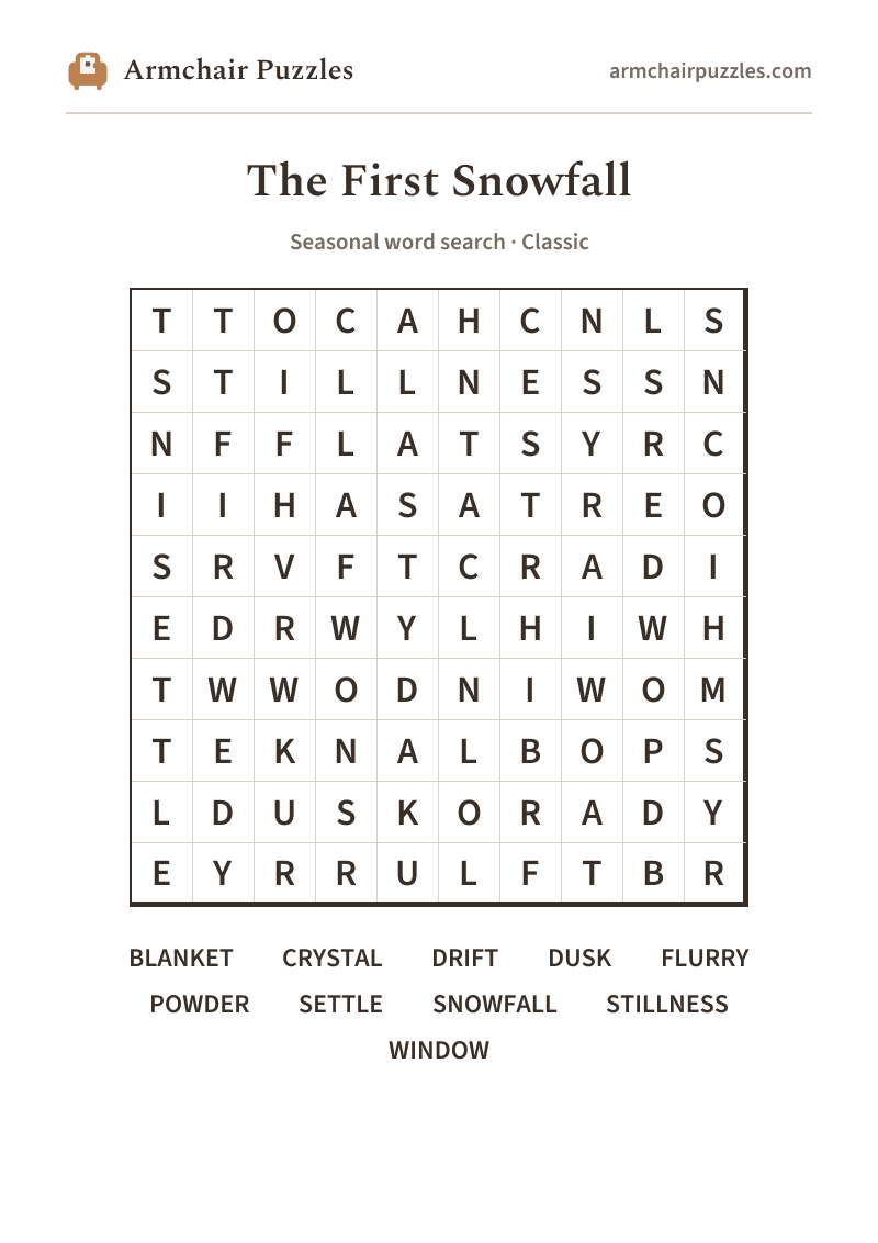 The printable The First Snowfall word search sheet