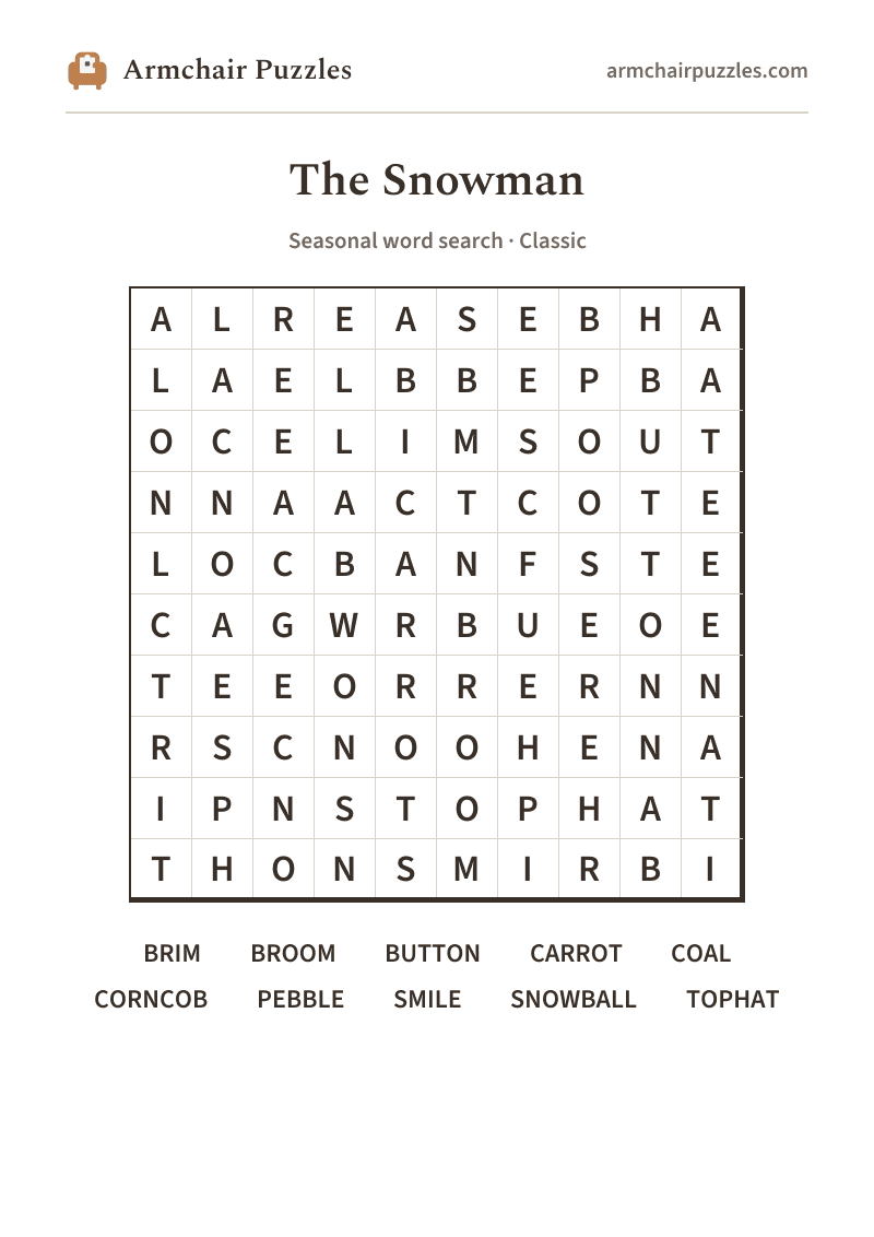 The printable The Snowman word search sheet