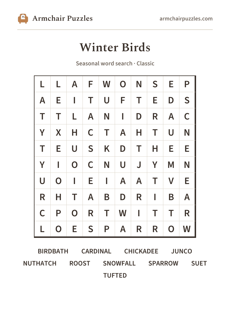 The printable Winter Birds word search sheet