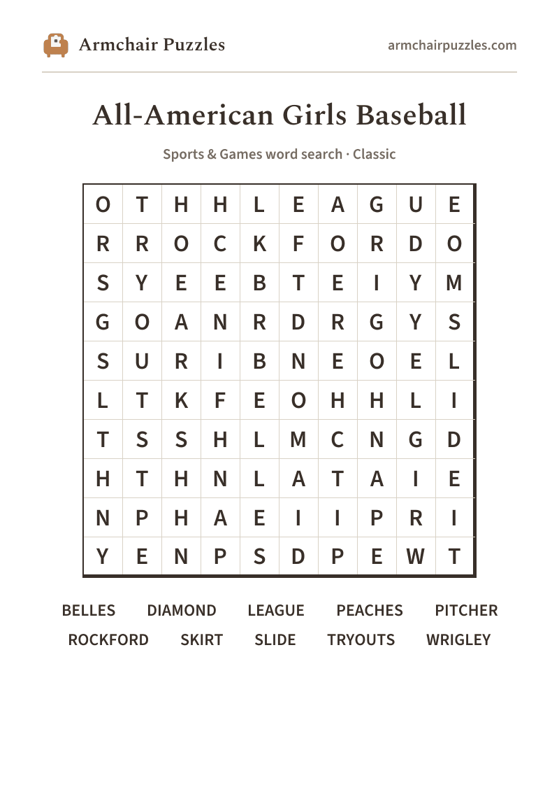 The printable All-American Girls Baseball word search sheet: large-print Classic grid with its word list