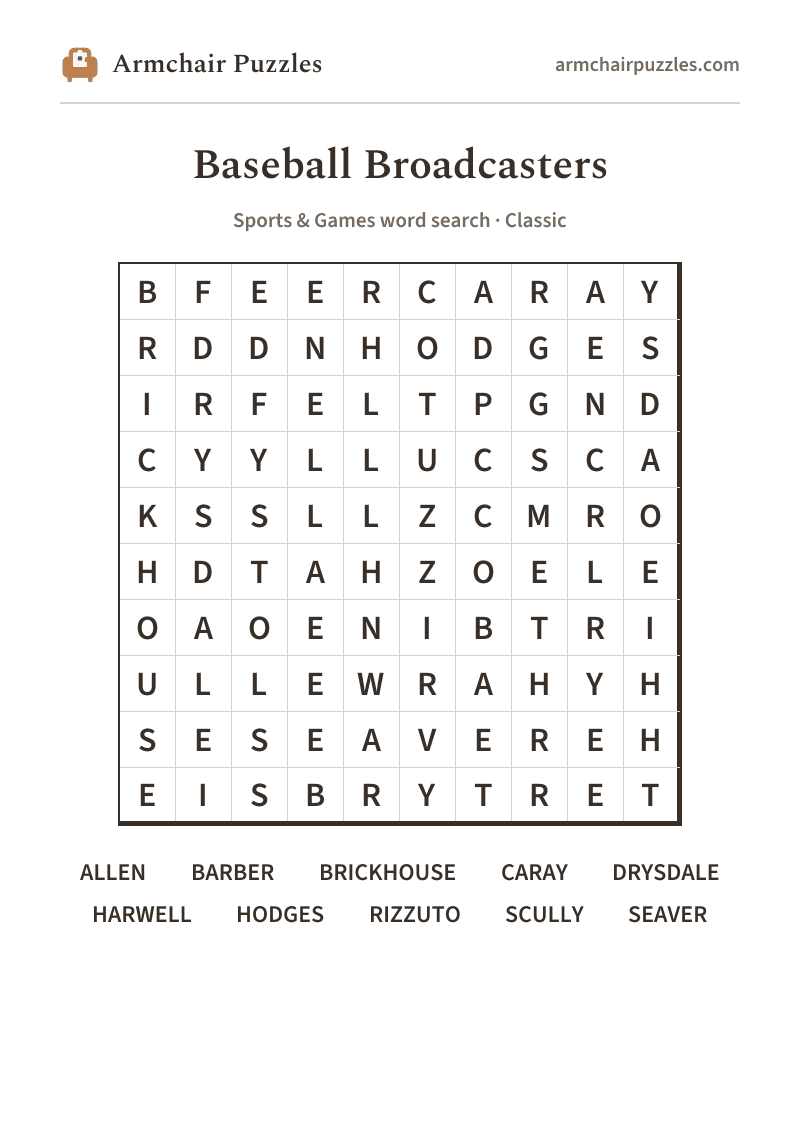 The printable Baseball Broadcasters word search sheet: large-print Classic grid with its word list