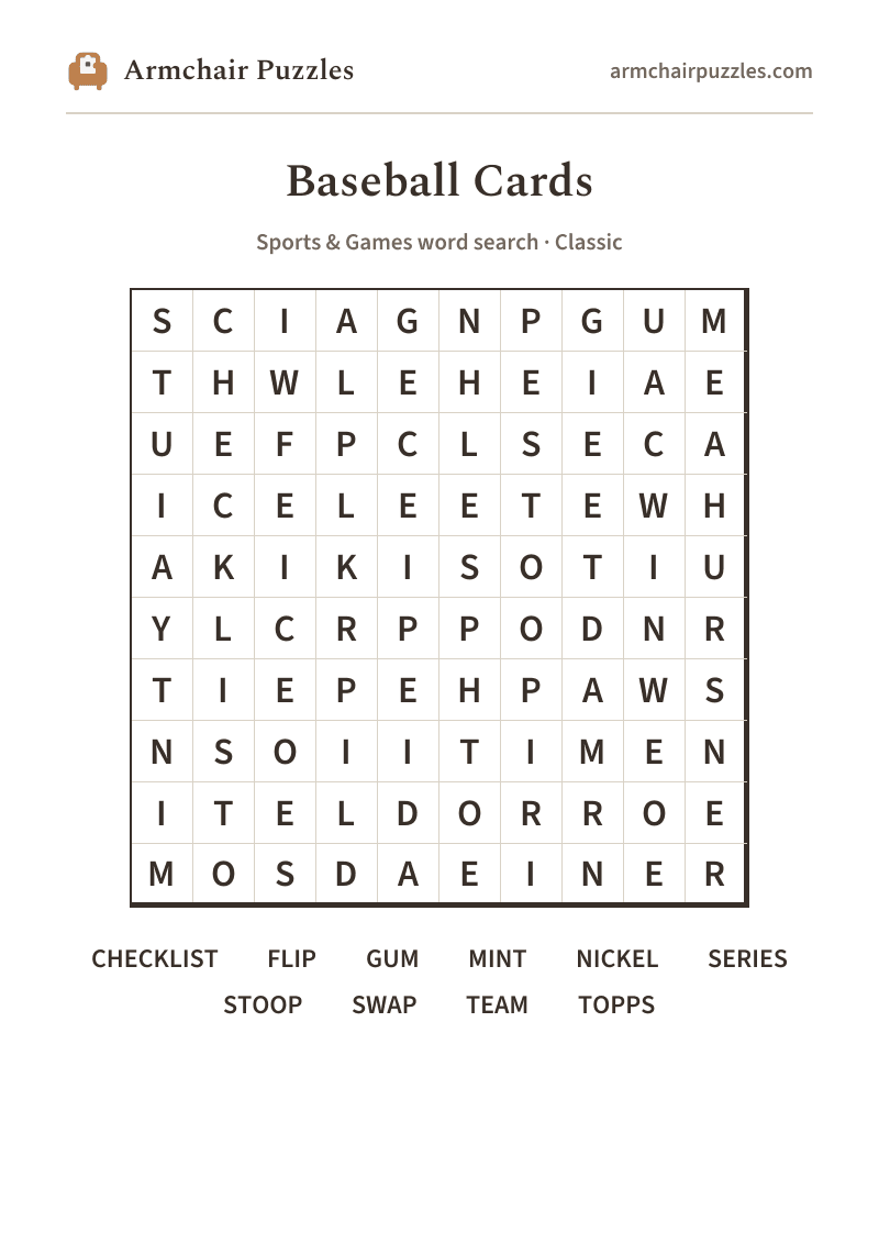 The printable Baseball Cards word search sheet in large print