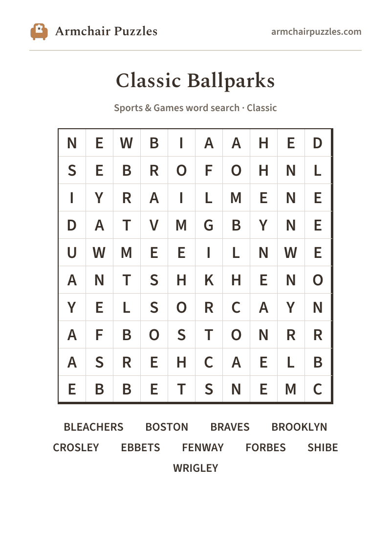 The printable Classic Ballparks word search sheet: large-print Classic grid with its word list