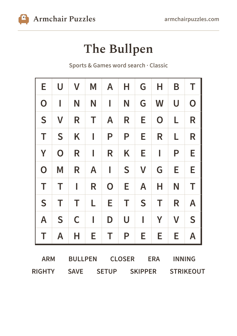 The printable The Bullpen word search sheet: large-print Classic grid with its word list