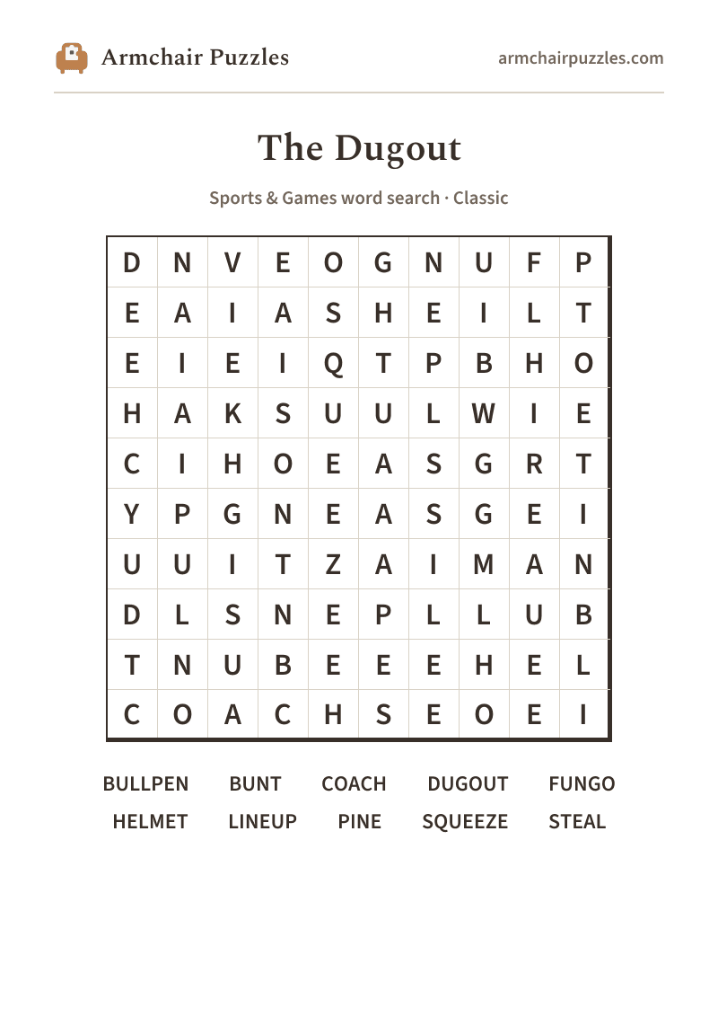 The printable The Dugout word search sheet: large-print Classic grid with its word list