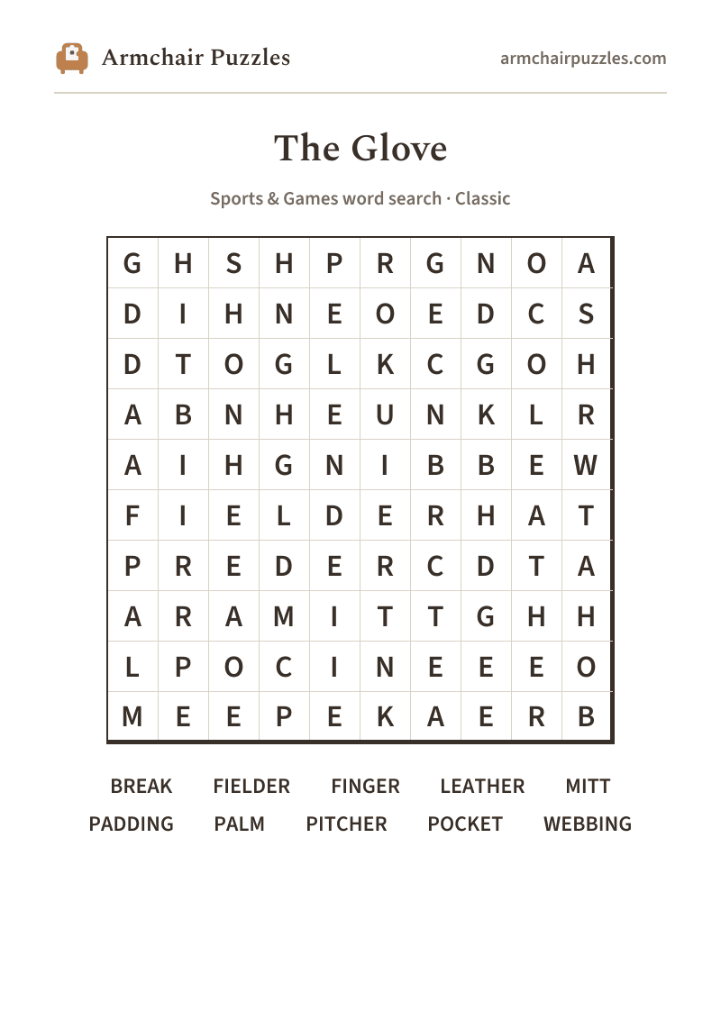 The printable The Glove word search sheet: large-print Classic grid with its word list
