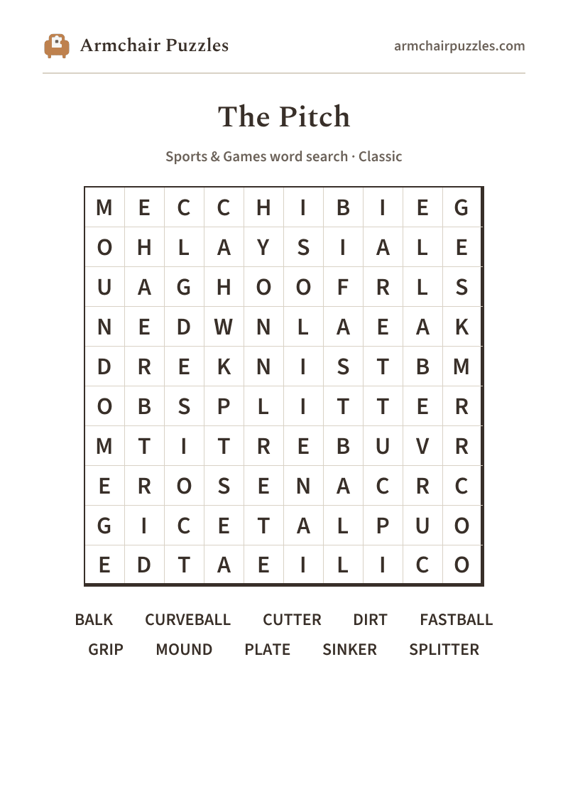 The printable The Pitch word search sheet: large-print Classic grid with its word list