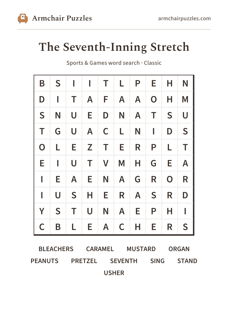 The printable The Seventh-Inning Stretch word search sheet: large-print Classic grid with its word list