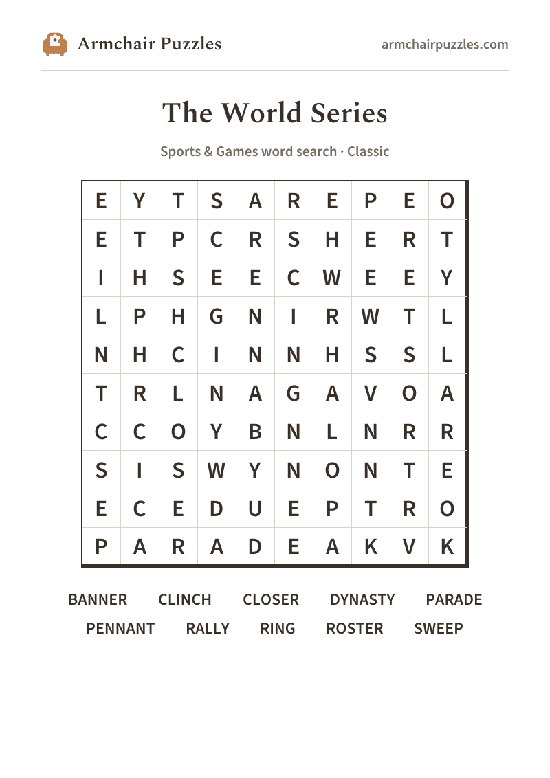 The printable The World Series word search sheet: large-print Classic grid with its word list
