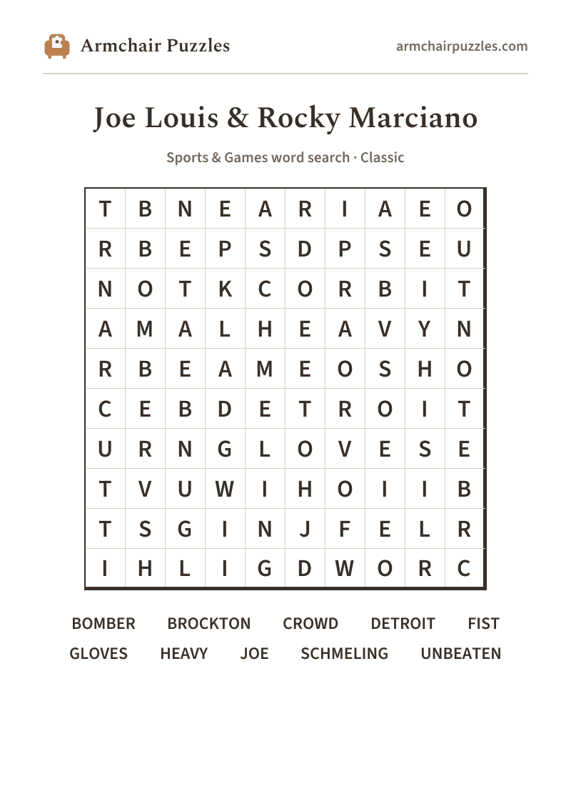 The printable Joe Louis & Rocky Marciano word search sheet in large print