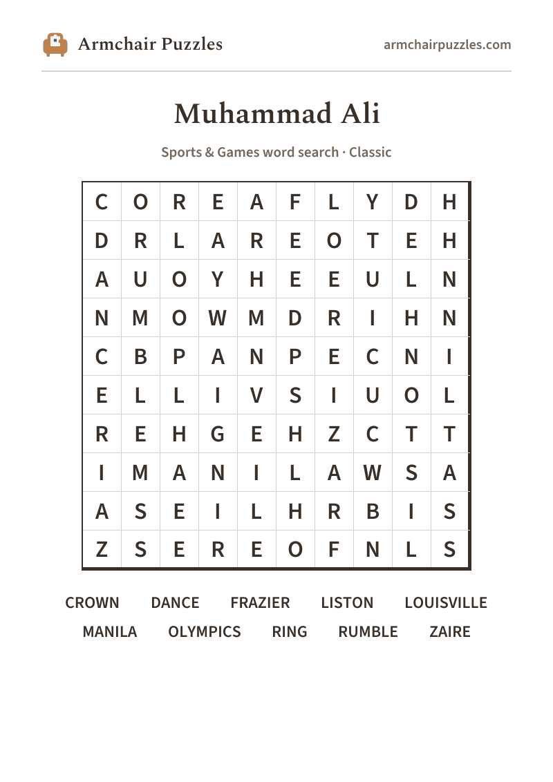 The printable Muhammad Ali word search sheet: large-print Classic grid with its word list