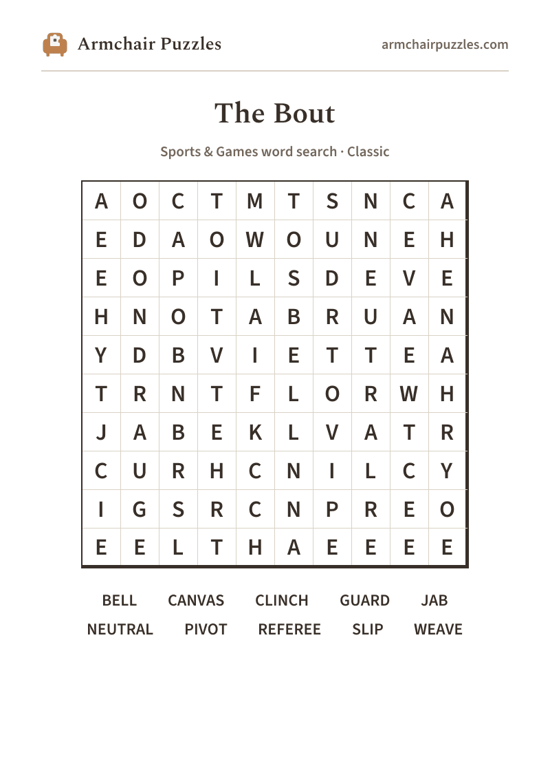 The printable The Bout word search sheet