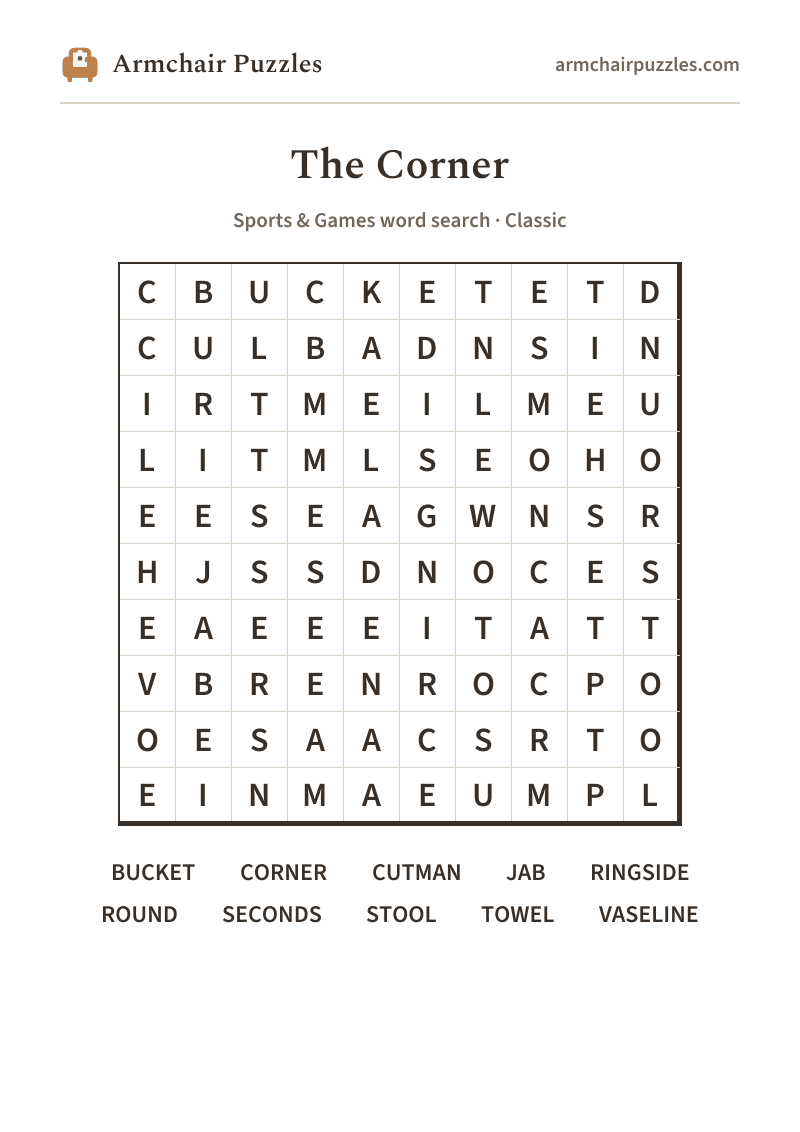 The printable The Corner word search sheet