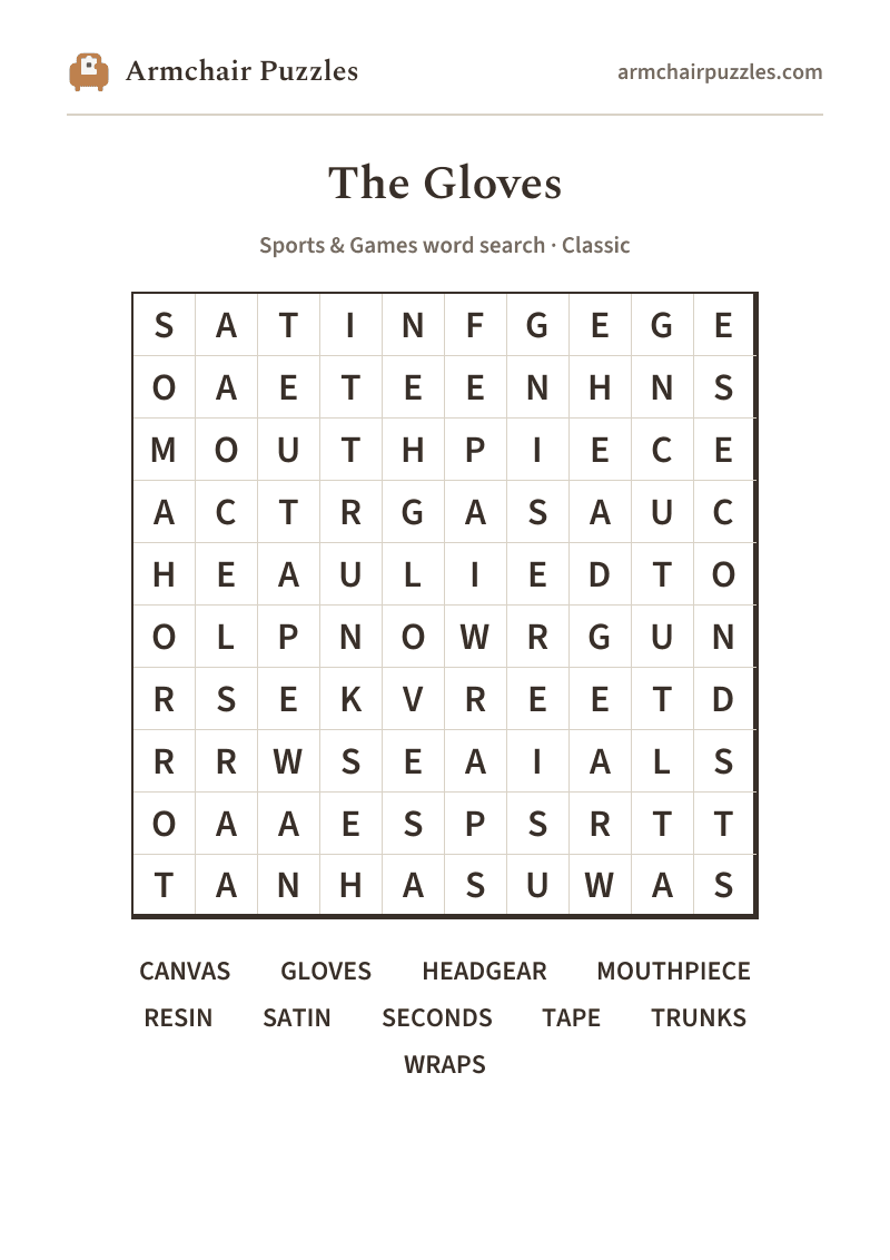 The printable The Gloves word search sheet