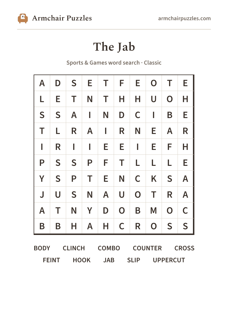 The printable The Jab word search sheet