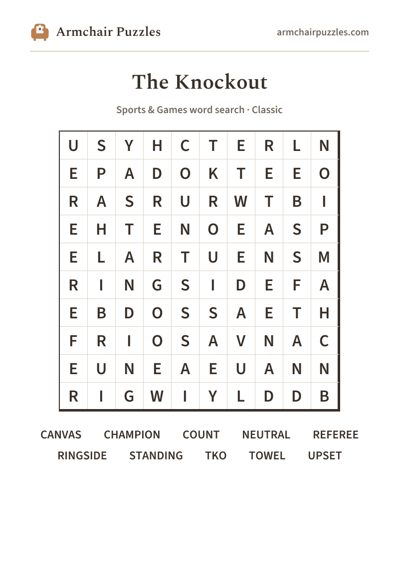 The printable The Knockout word search sheet