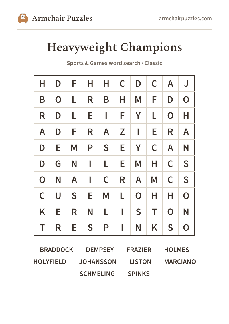 The printable Heavyweight Champions word search sheet