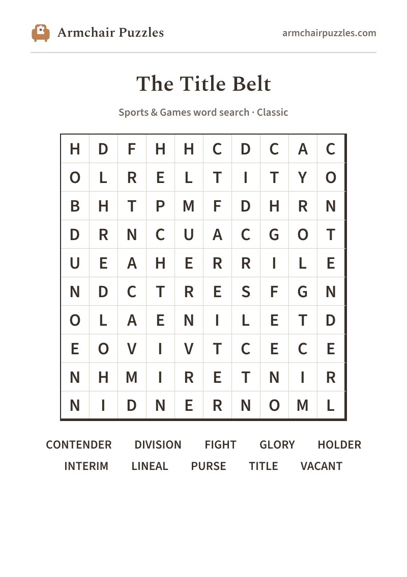 The printable The Title Belt word search sheet: large-print Classic grid with its word list