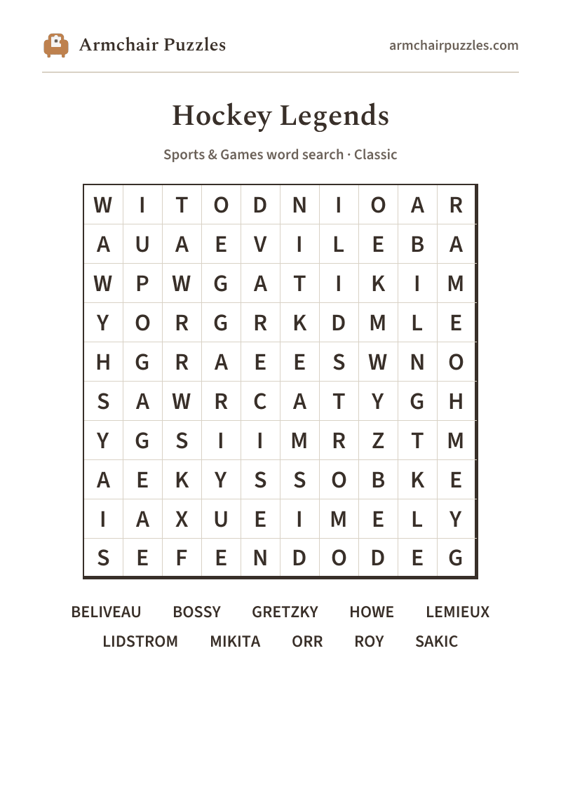 The printable Hockey Legends word search sheet: large-print Classic grid with its word list