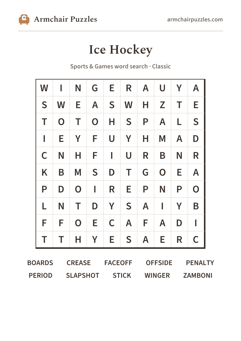 The printable Ice Hockey word search sheet: large-print Classic grid with its word list
