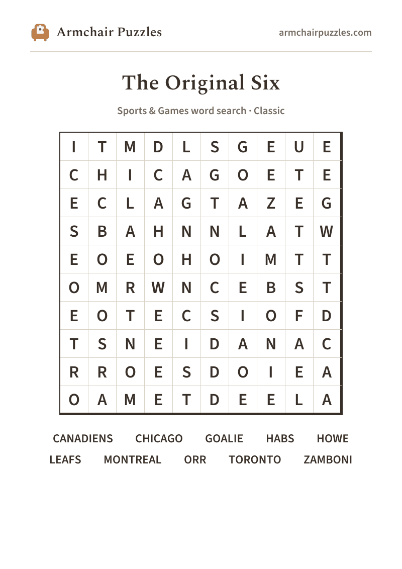 The printable The Original Six word search sheet in large print
