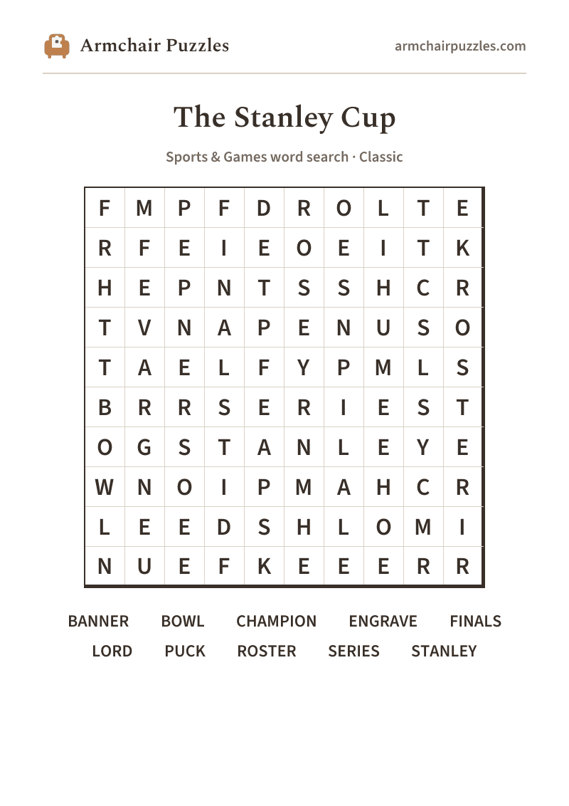 The printable The Stanley Cup word search sheet in large print