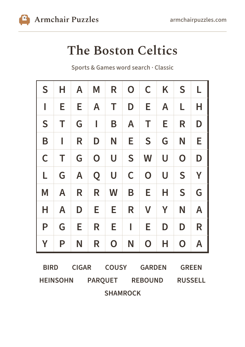 The printable The Boston Celtics word search sheet: large-print Classic grid with its word list