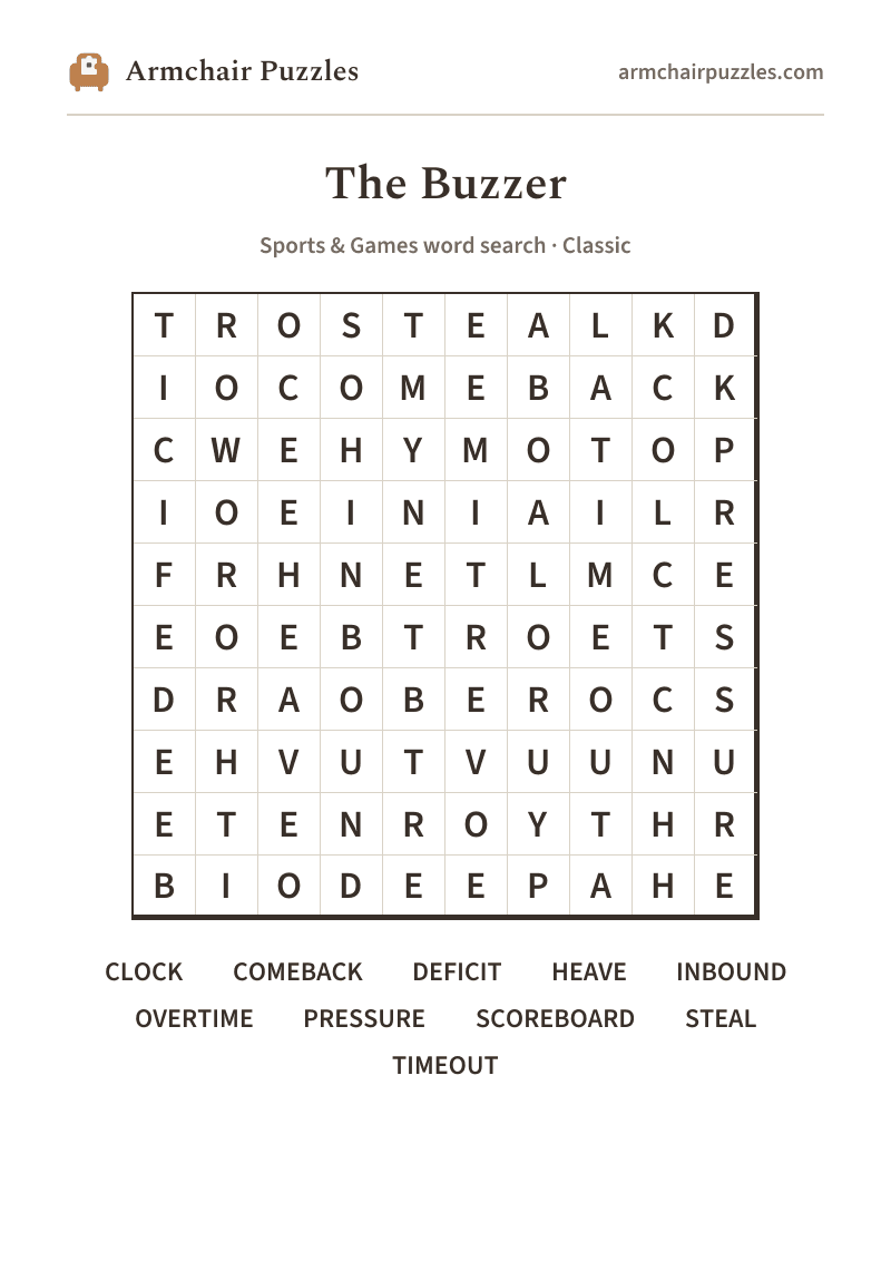 The printable The Buzzer word search sheet in large print