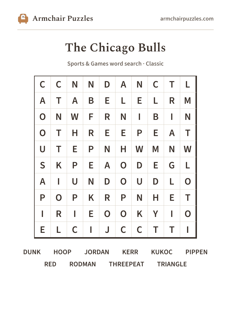 The printable The Chicago Bulls word search sheet: large-print Classic grid with its word list
